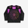 Black zodiac wheel rave hockey jersey with purple accents, front view