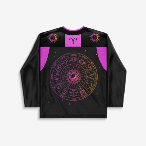 Black hockey jersey with zodiac wheel design and purple accents