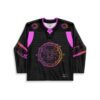 Front view of black zodiac wheel rave hockey jersey with zodiac emblem and colorful streaks