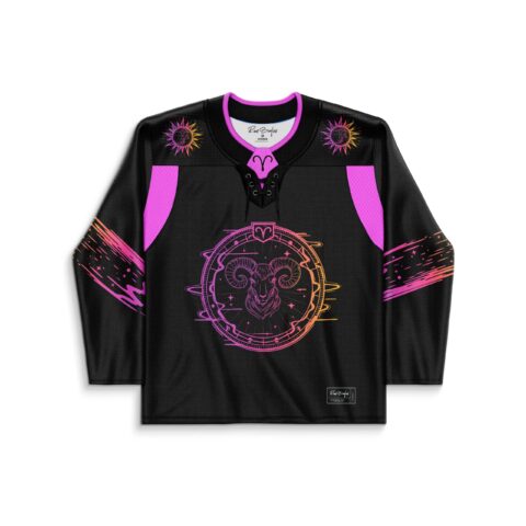 Front view of jersey featuring zodiac emblem and colorful streaks