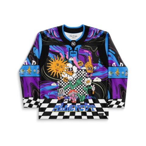 Black trippy liquid swirl jersey with psychedelic cartoon collage and checkerboard hem, front view