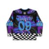 Black trippy liquid swirl jersey featuring oversized 09 lettering and checkerboard hem, back view