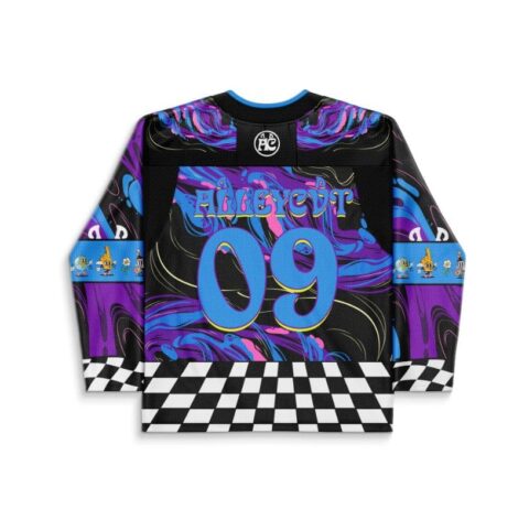Black trippy liquid swirl jersey featuring oversized 09 lettering and checkerboard hem, back view
