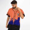 Halloween cityscape jersey modeled in studio with bat-print sleeves, mushroom emblem, and skyline, front view