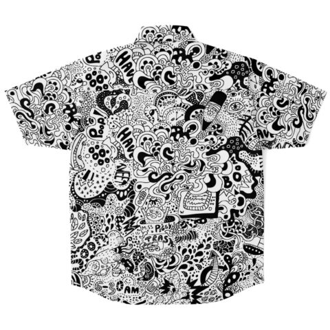 Back view of short sleeve shirt with doodle print design