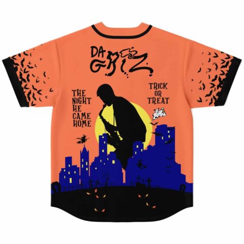 Halloween cityscape jersey with “THE NIGHT HE CAME HOME” and “TRICK OR TREAT,” back view