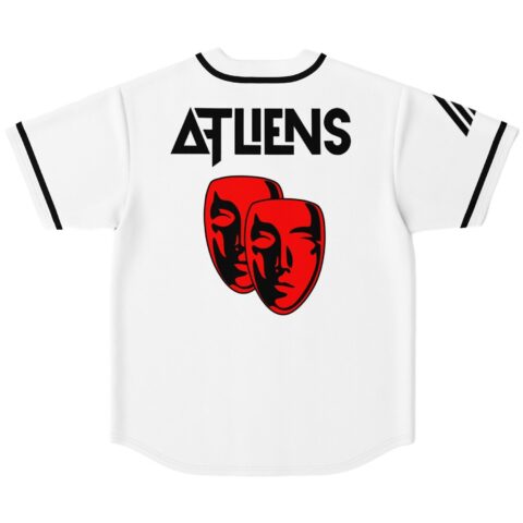 White jersey back featuring red-and-black theatrical mask graphic and bold black lettering