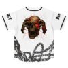 Aged skull graphic with glowing red eye and tangled chains on flat back view