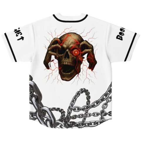 Aged skull graphic with glowing red eye and tangled chains on flat back view