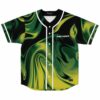 Green-yellow abstract liquid swirl jersey with white trim and buttons, front view on white