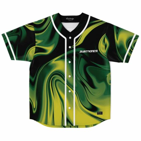 Green-yellow abstract liquid swirl jersey with white trim and buttons, front view on white