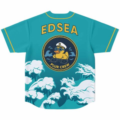 Teal crashing-wave pattern with EDSEA and PLUR CREW text, cartoon DJ duck emblem, back view