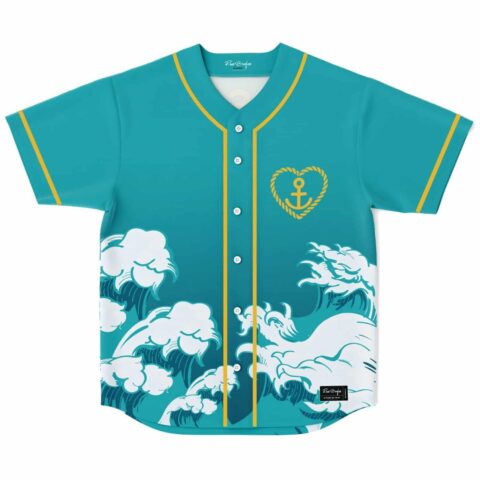 Teal Japanese crashing-wave design with gold anchor heart, yellow trim, festival jersey front
