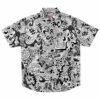 Black and white artistic doodle pattern rave button-down shirt with short sleeves