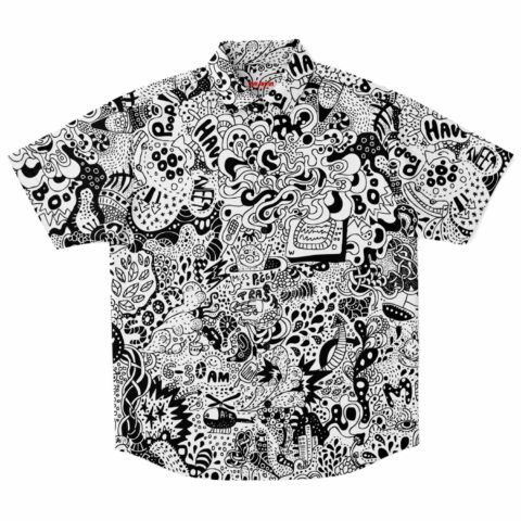 Black and white artistic doodle pattern short sleeve button shirt