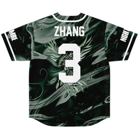 Dark green abstract swirl back view with dragon graphic, ZHANG, and oversized white number 3