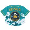 Teal custom rave cropped baseball jersey with a duck on waves design