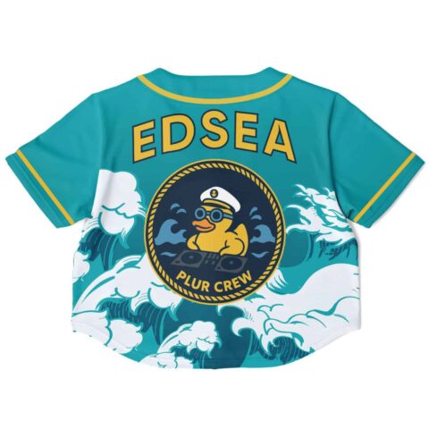 Teal cropped custom baseball jersey with duck on waves design