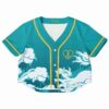 Front view of the teal rave cropped baseball jersey with wave and nautical graphics
