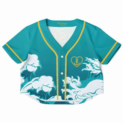 Front view of teal cropped baseball jersey with wave and nautical graphics
