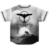 Grayscale cosmic mountain landscape jersey, large winged emblem, moonlit peaks, back view on white background