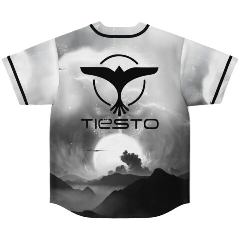 Grayscale cosmic mountain landscape jersey, large winged emblem, moonlit peaks, back view on white background