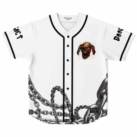 Front view featuring a small aged skull chest graphic and heavy chain border at hem