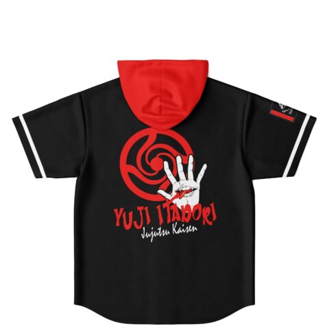 Anime-inspired red hand-and-swirl back graphic on black jersey with red hood and white sleeve trim