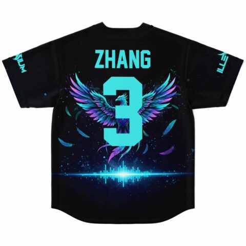 Black galaxy back with ZHANG, winged teal 3, phoenix, waveform, and SUM and ELITE sleeves