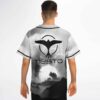 Grayscale cosmic mountain landscape jersey, dramatic moon and layered peaks, back view worn by model