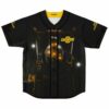 Black cinematic robot design with glowing amber lights and front buttons, flat-lay front view