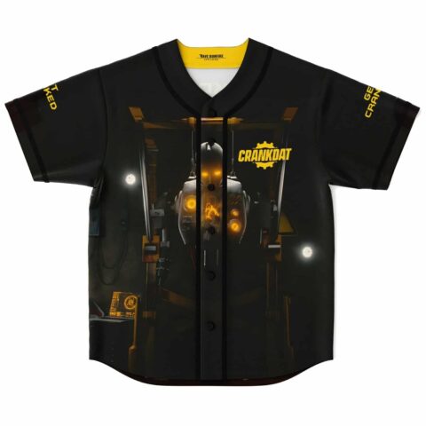 Black cinematic robot design with glowing amber lights and front buttons, flat-lay front view