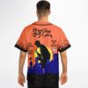 Halloween cityscape jersey modeled in studio with bats, skyline, and glowing cat eyes, back view