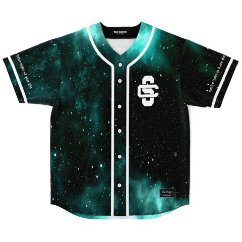Teal galaxy starfield jersey front view with white piping, buttons, and bold CS emblem