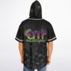 Back view on model displaying colorful EMF and ELECTRIC MISFITS FAM lettering over geometric motifs