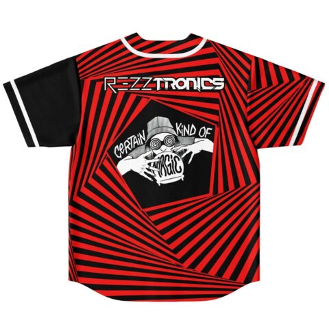 Red-and-black op-art reversible jersey side with radiating stripes and central cartoon-style graphic