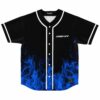 Black baseball jersey with blue flame design front view