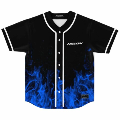 Black baseball jersey with blue flame design front view