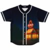 Dark navy fast-food night scene with glowing restaurant and white piping, front view