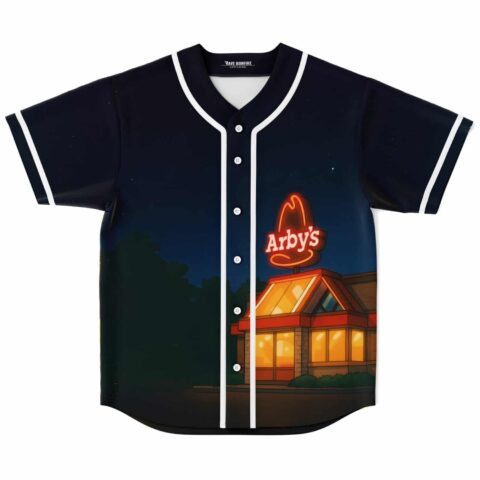 Dark navy fast-food night scene with glowing restaurant and white piping, front view