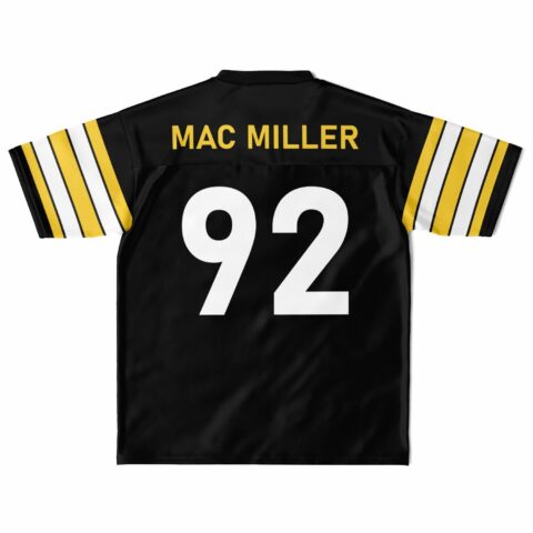 Football jersey back view with yellow stripes and name text