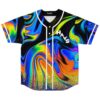 Iridescent liquid oil swirl jersey front view, white piping and vertical HAVS lettering