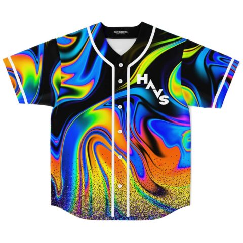Iridescent liquid oil swirl jersey front view, white piping and vertical HAVS lettering