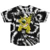 Black-and-white tie-dye jersey back featuring a large yellow one-eyed cartoon creature graphic