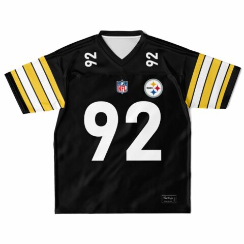 Black football jersey with yellow and white stripes, front view