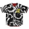 Black-and-white tie-dye jersey front with yellow one-eyed cartoon creature and white piping