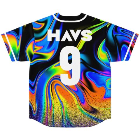 Liquid oil swirl jersey back view featuring bold HAVS text and oversized number 9