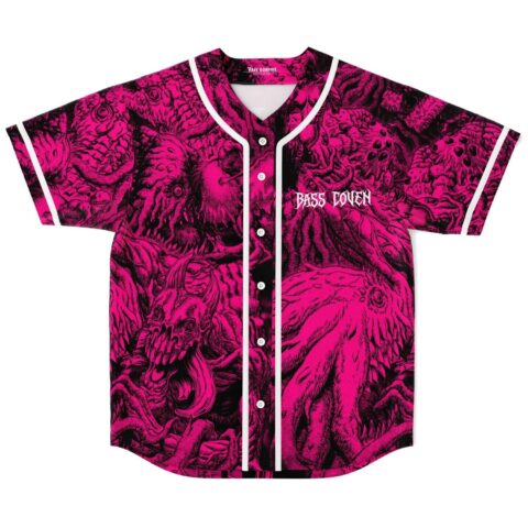 Hot pink densely packed monster collage with white piping and BASS LOVER text, front view
