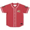 Red masked creature motif jersey front view with white piping and sleeve accents