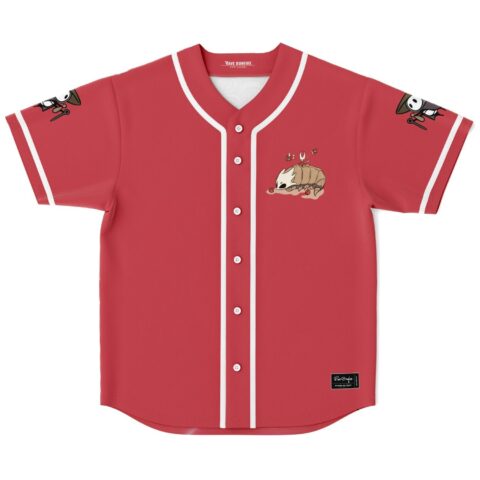 Red masked creature motif jersey front view with white piping and sleeve accents